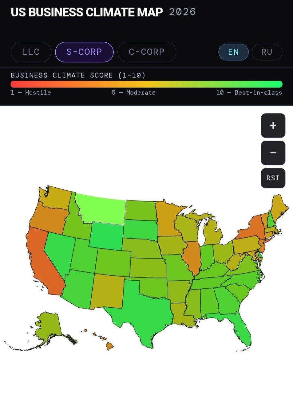 Mobile-friendly interactive map of the United States showing best states to open an LLC, S-Corp, or C-Cor