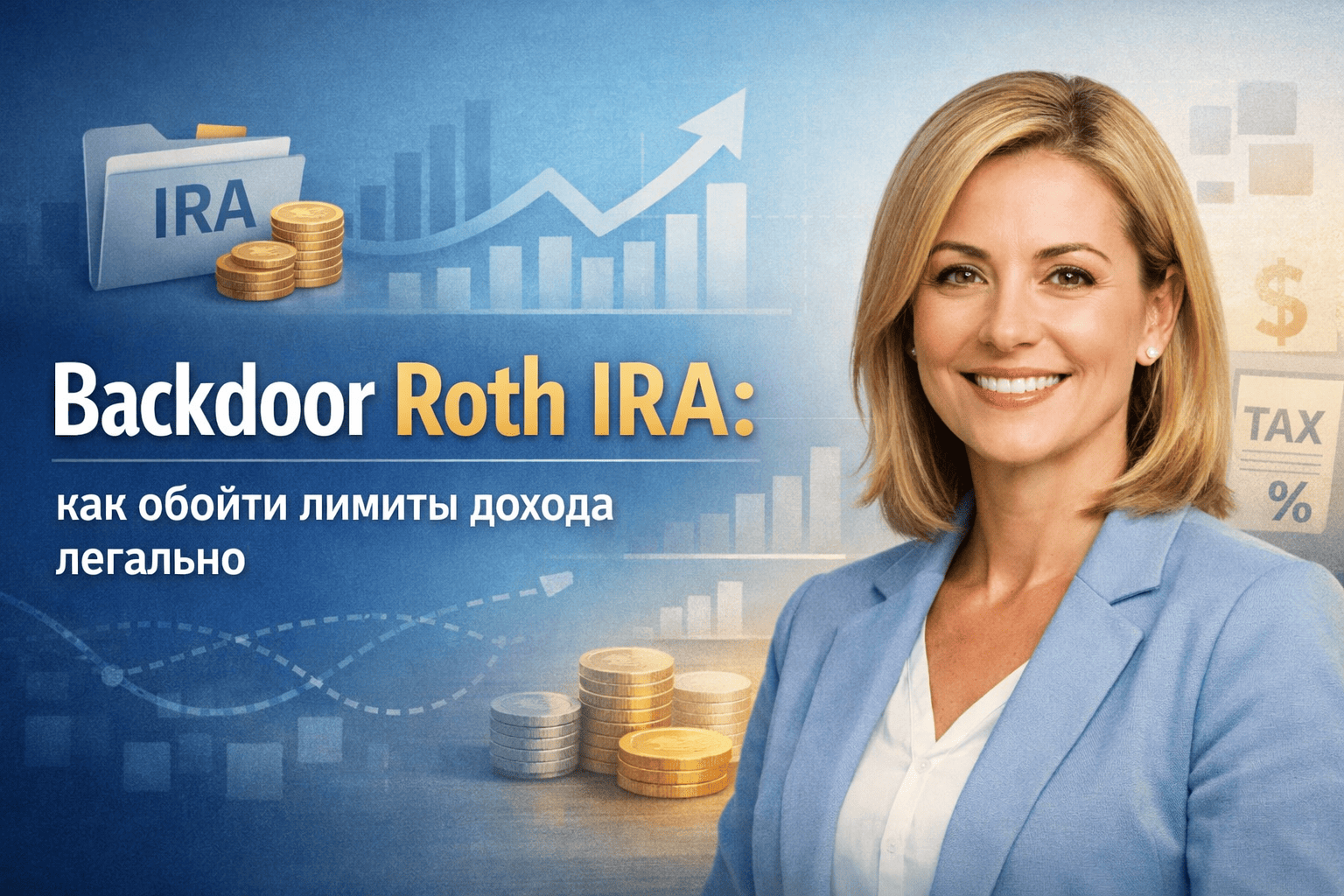 Backdoor Roth IRA, как легально обойти лимиты дохода, финансовый консультант женщина на фоне графиков роста, IRA и налогового планирования в США