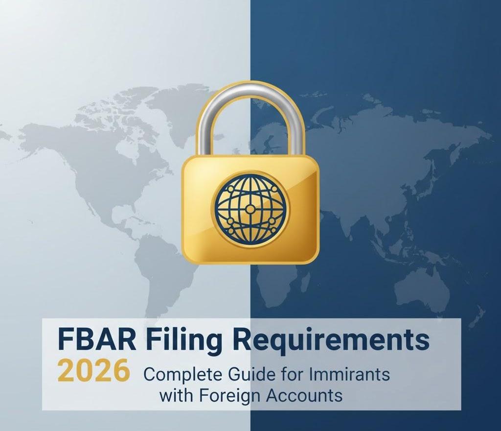Complete guide to 2026 FBAR filing requirements for immigrants: professional workspace with tax forms, financial documents, and US passport on a blue corporate background.