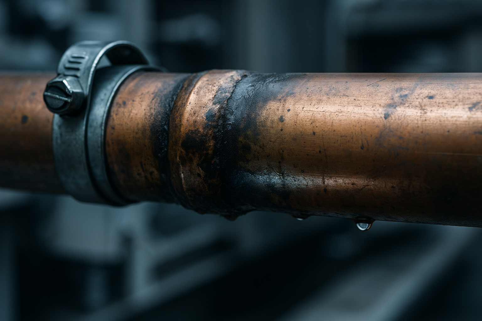 Масляные пятна на трубопроводах.