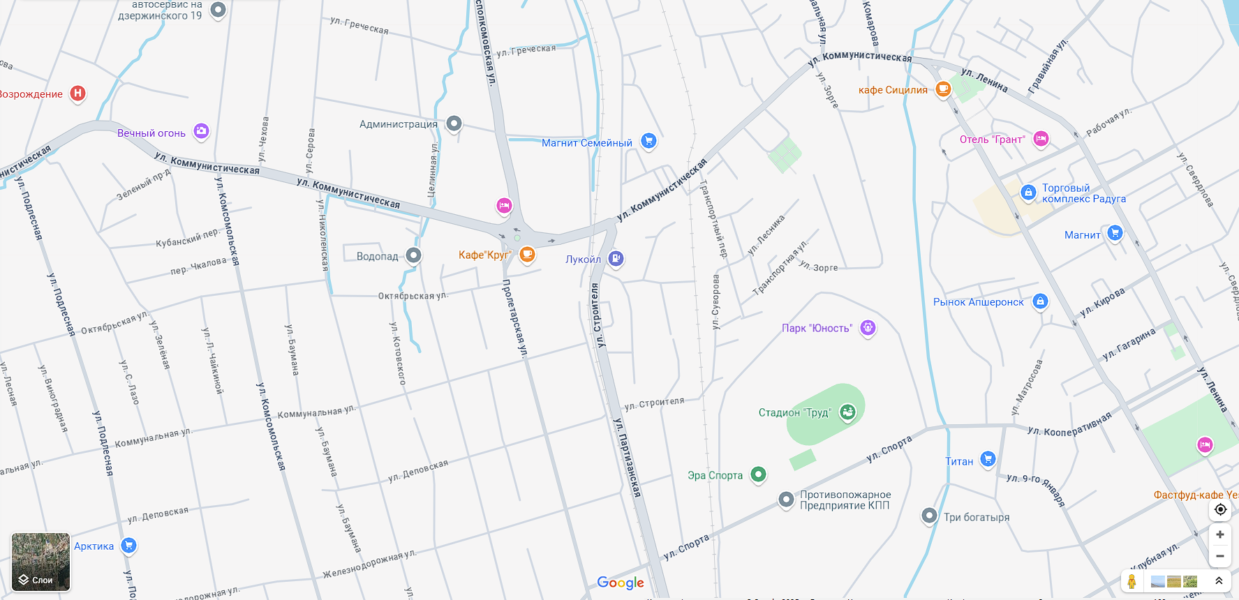 Трасса бывшей узкоколейке по городу Апшеронску, снимок Гугл карт