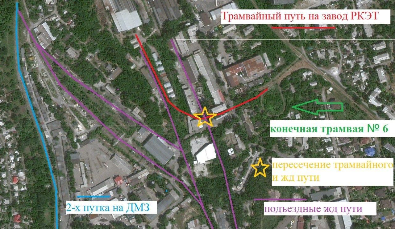 Схема пересечения трамвайного ответвления на завод РКЭТ и подъездного жд пути от ветки ДМЗ - Передача