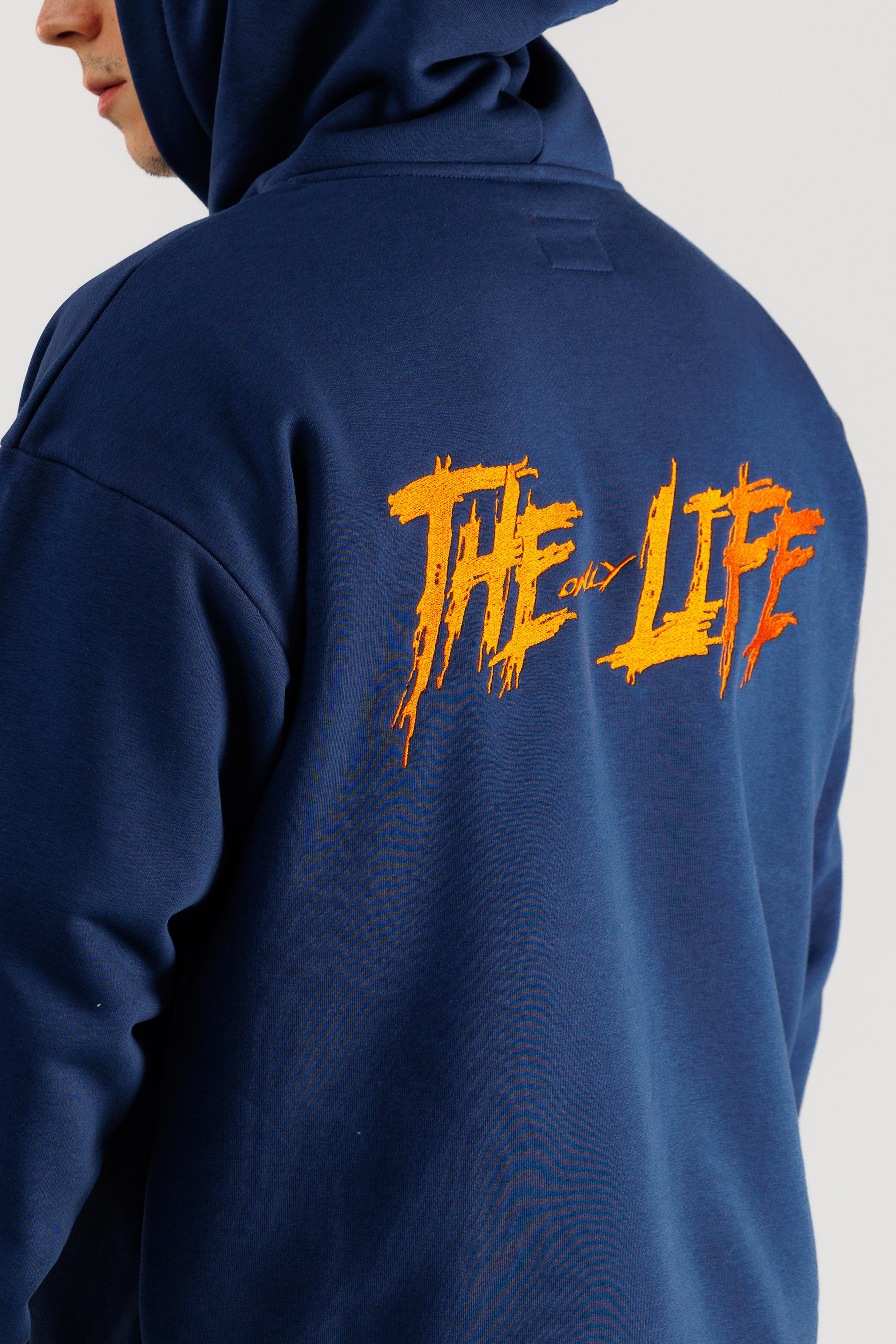 Индиго худи THE ONLY LIFE с оранжевой вышивкой