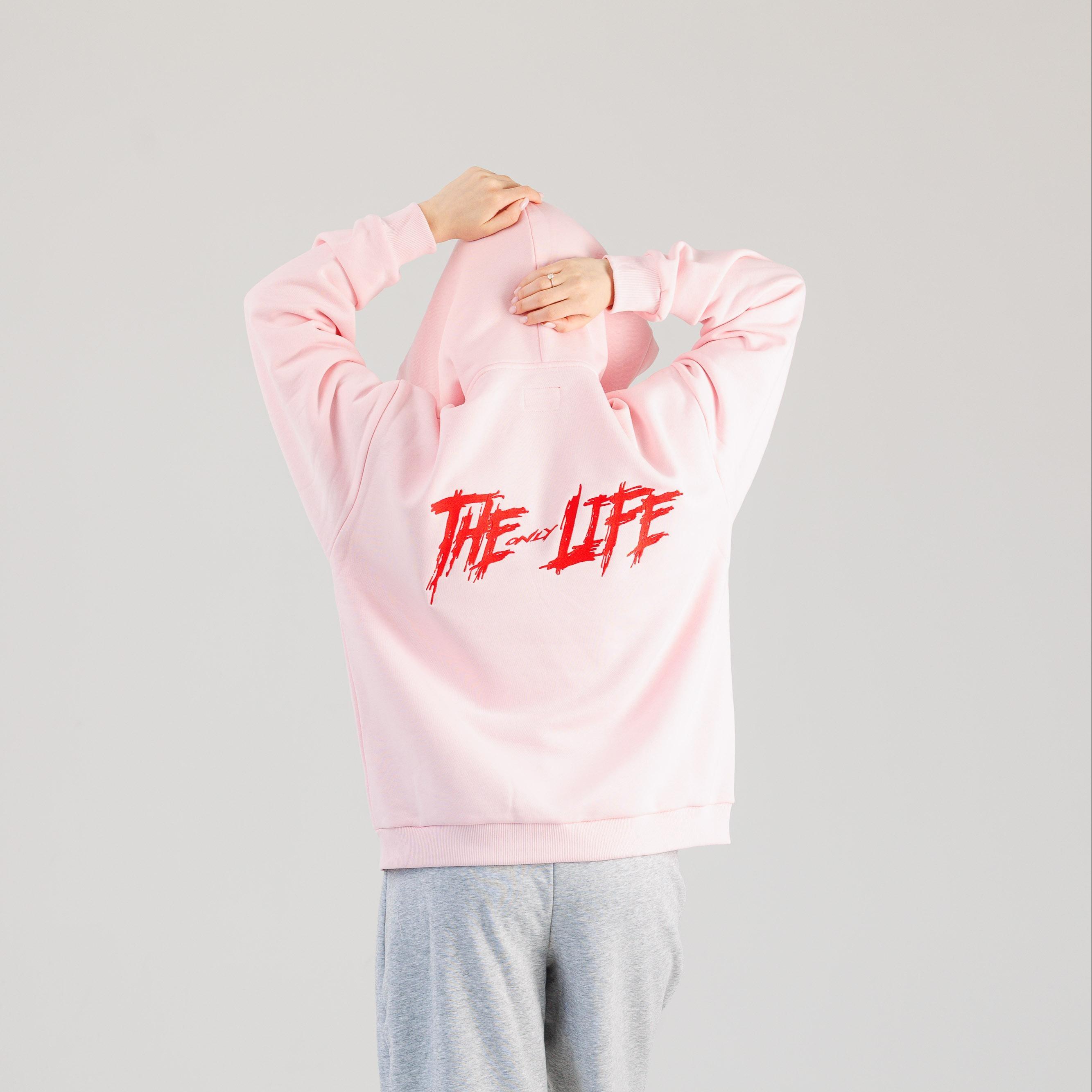 Розовое худи THE ONLY LIFE с красной вышивкой на спине