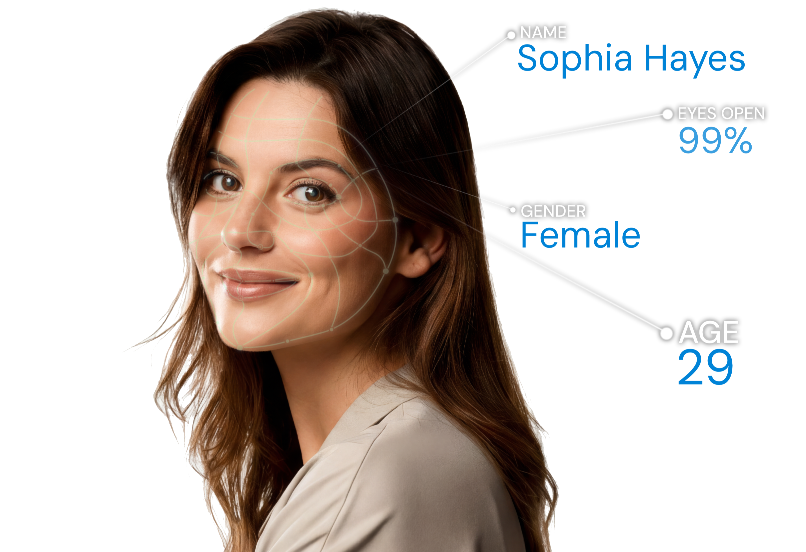 A happy woman with biometric metrics