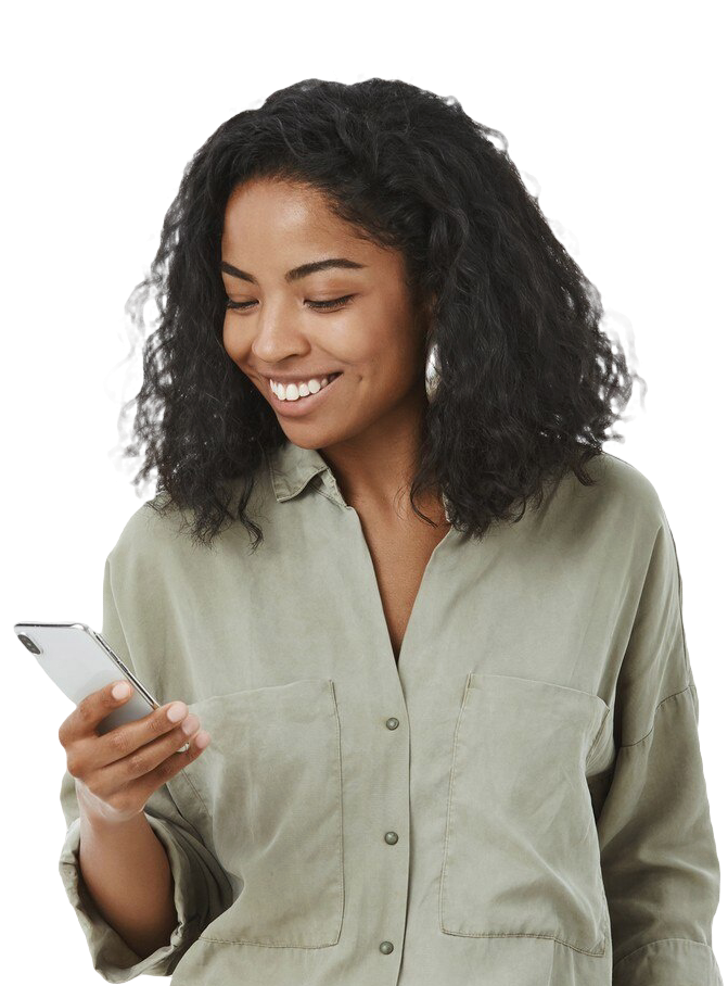 Happy woman hplding an iPhone and it scans her face using face recognition technology