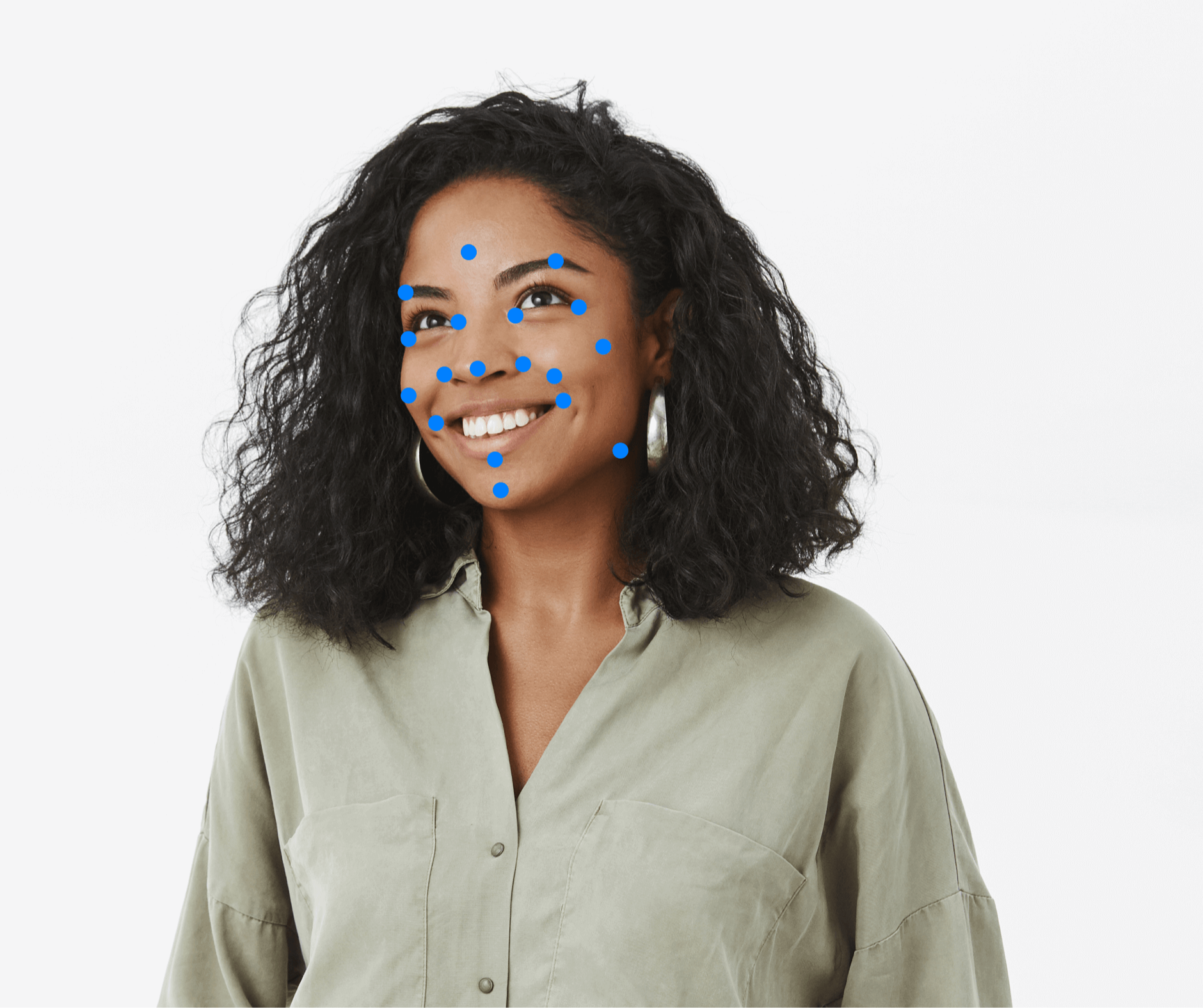 Happy woman hplding an iPhone and it scans her face using face recognition technology