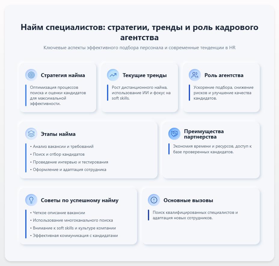 схема Найм специалистов: стратегии, тренды и роль кадрового агентства в успешном подборе персонала