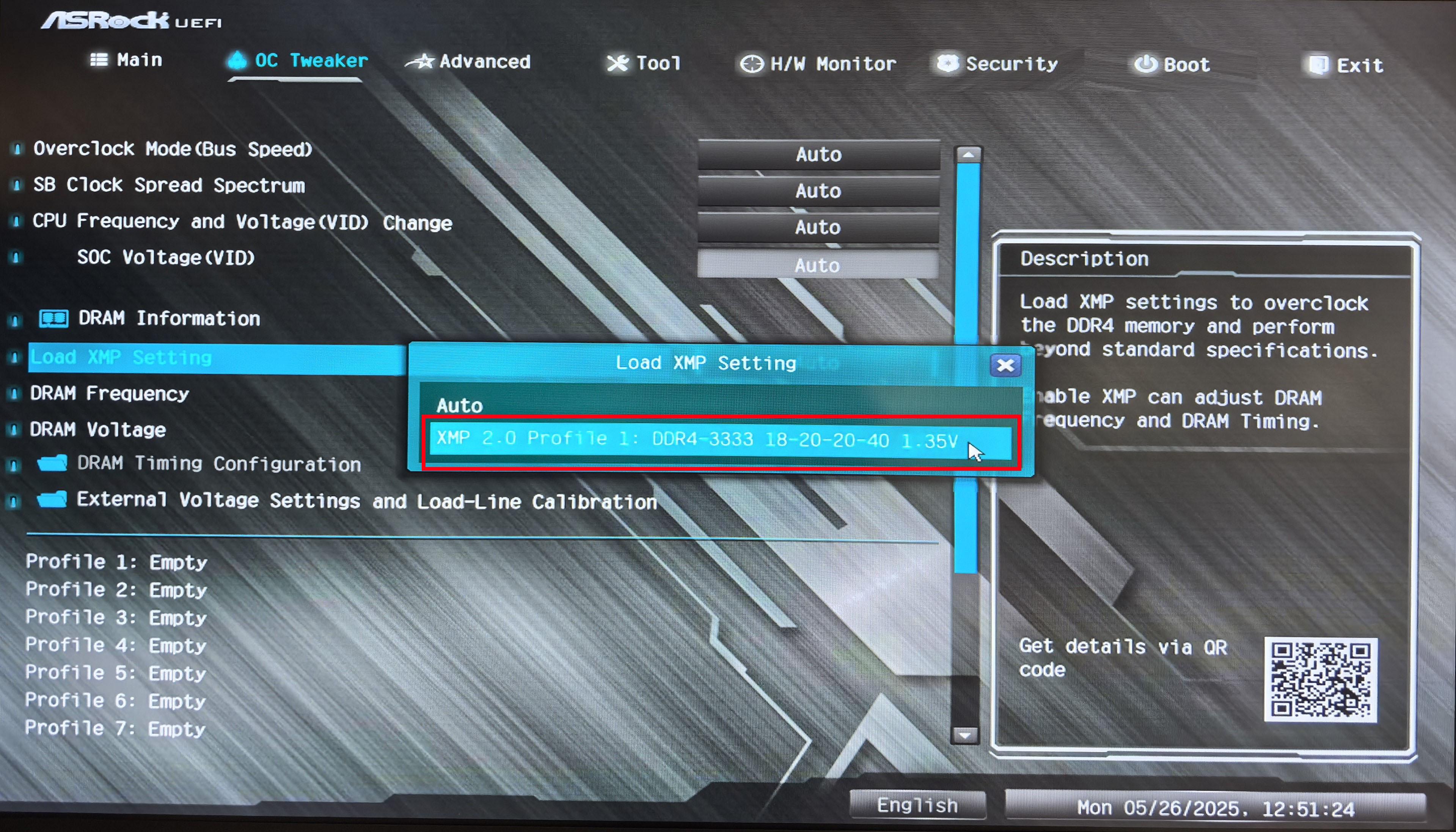 ASRock BIOS — Выберите профиль памяти