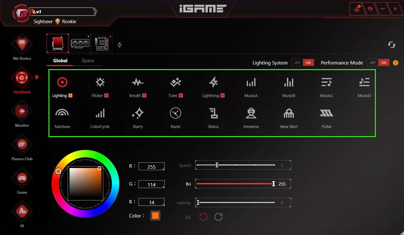 iGame Center — Выберите эффект подсветки