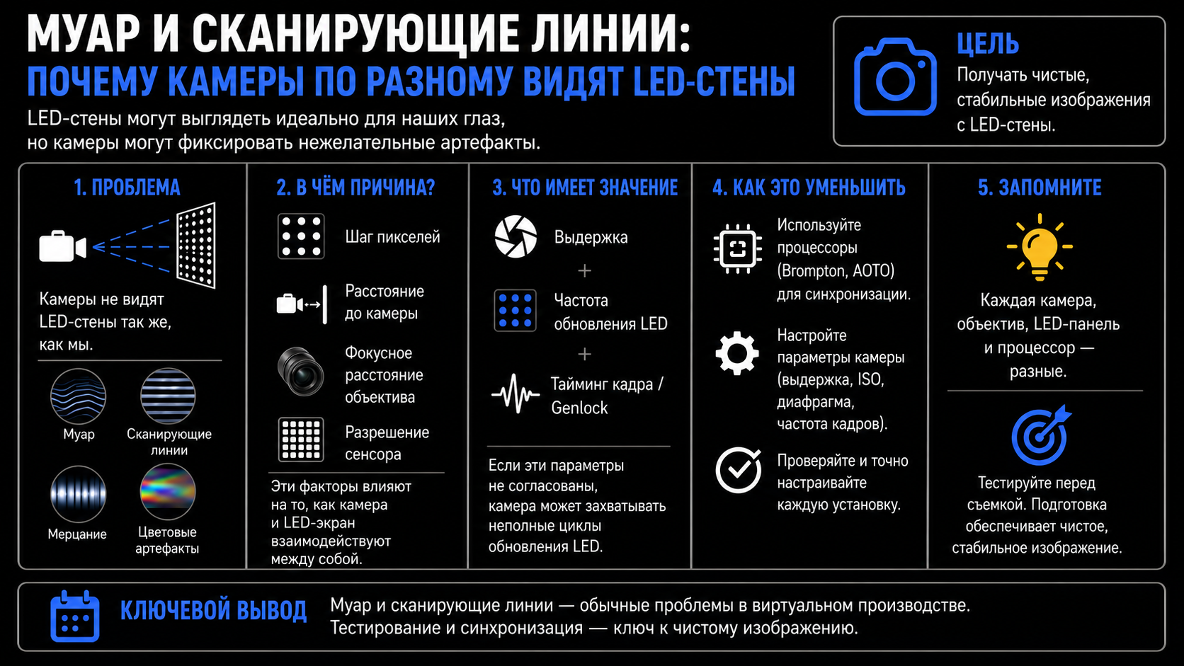 Причины появления и устранение муара, полос, мерцания, цветовых артефактов при съемке LED экранов - инфографика Устранение дефектов визуализации в XR и VP студиях