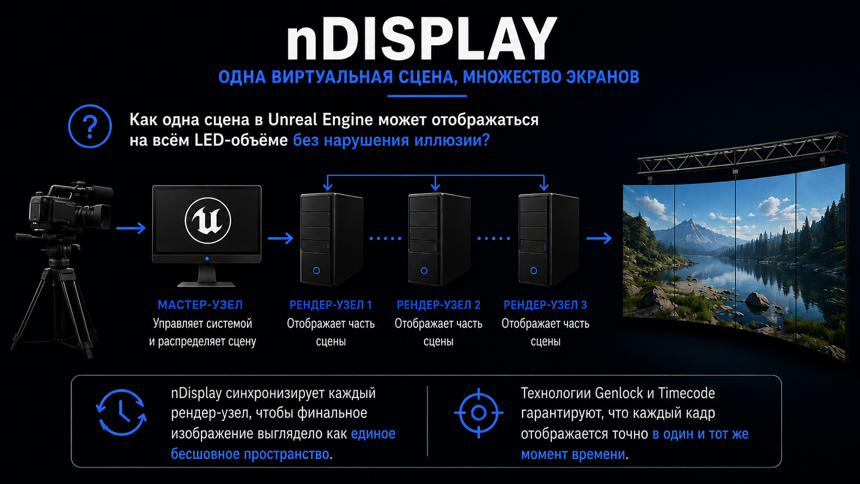 nDisplay синхронизация LED экранов в VP и XR студиях - принцип действия, инфографика nDisplay - LED экраны в виртуальных XR студиях