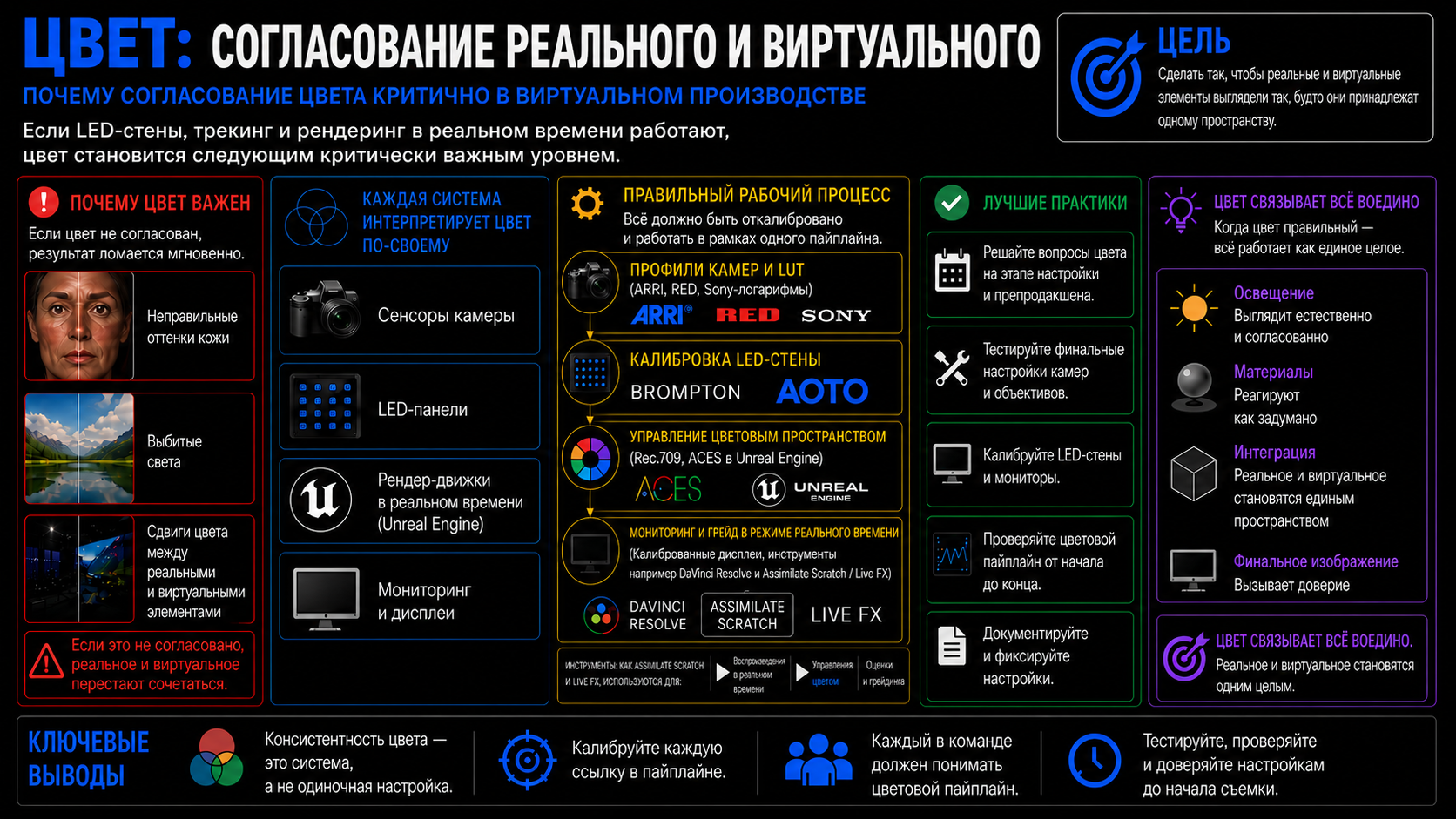 Цветовой пайплайн виртуального производства - инфографика Управление цветом в виртуальной XR студии