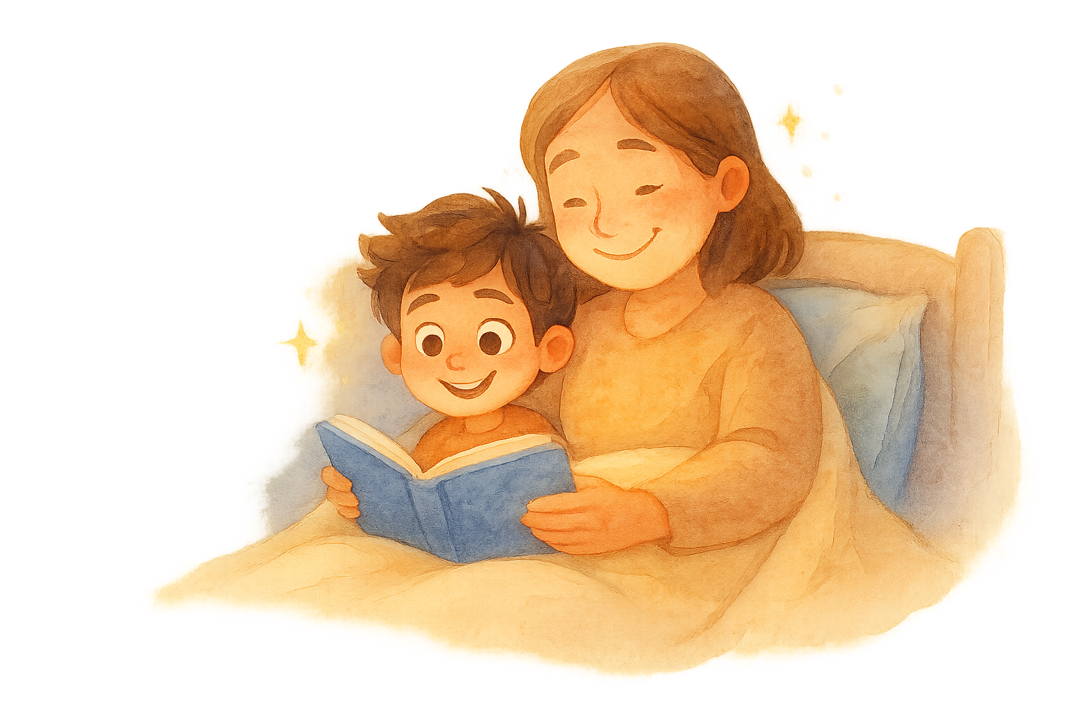 Мама читает сказку ребёнку перед сном под одеялом