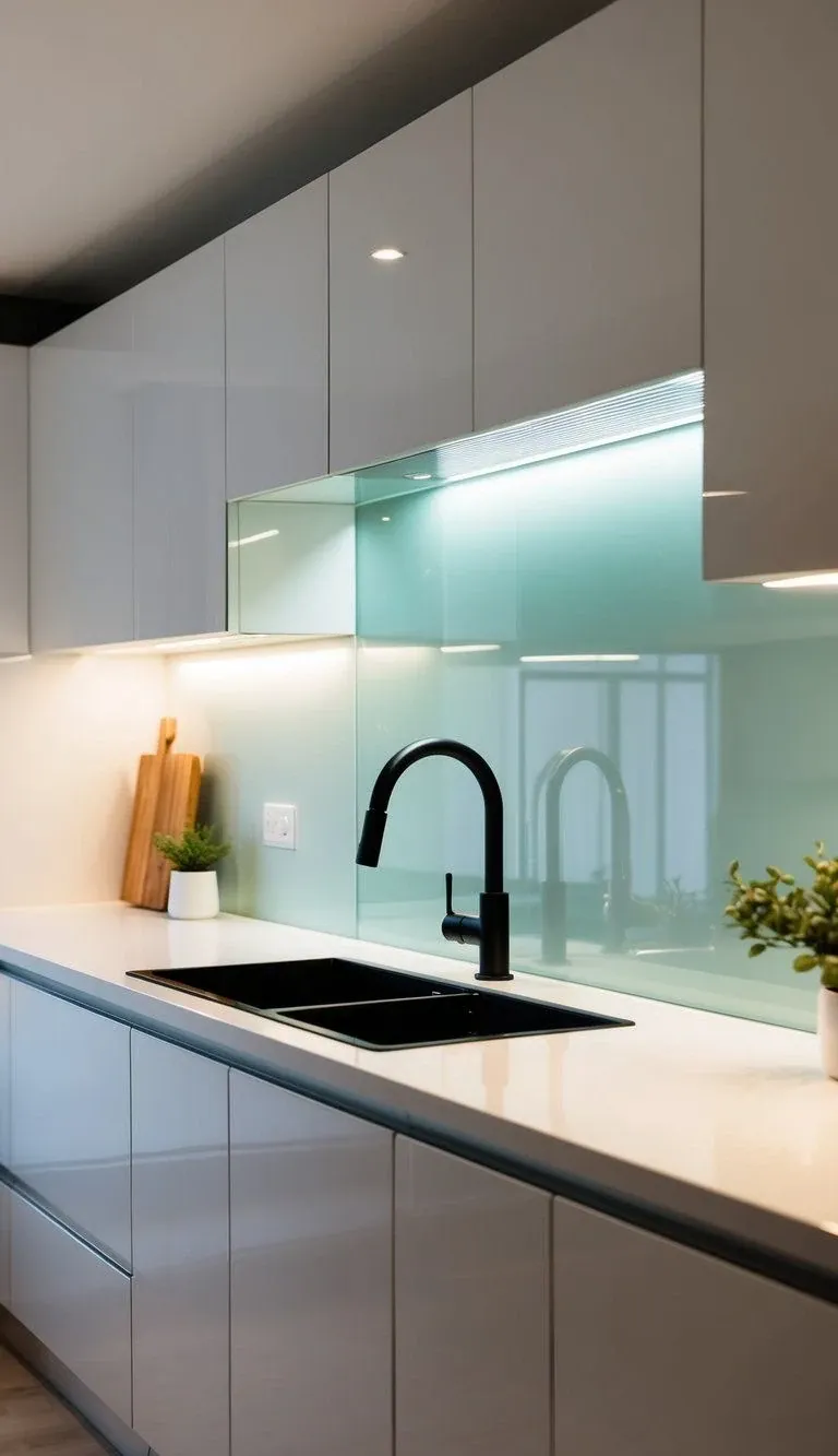 Стеклянный фартук для кухни с матовым покрытием в частном доме Сочи