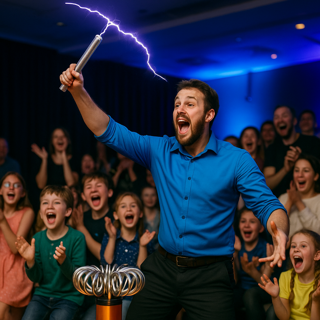 Ведущий Tesla-шоу от AMStudio демонстрирует электрические разряды перед восторженной публикой на празднике в Москве