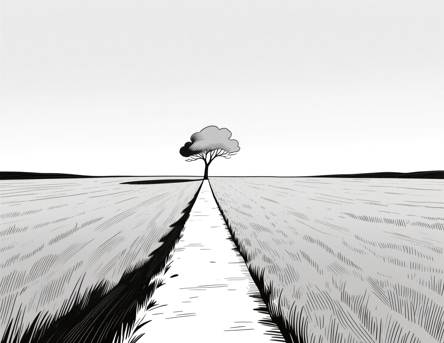 Символический чёрно-белый рисунок: пустая дорога вдаль по полю — метафора пути через утрату и поиска достойного прощания с питомцем