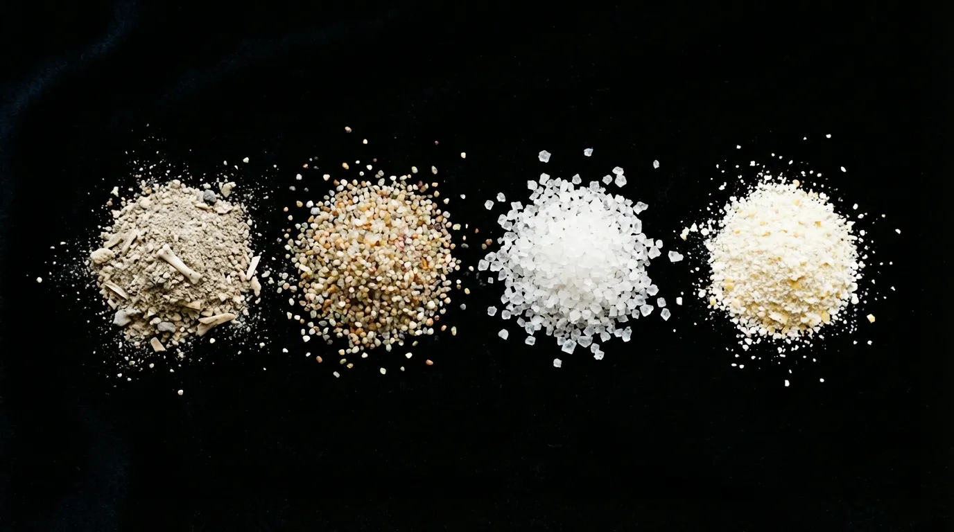 Макро-фотография праха питомца после кремации рядом с морским песком и солью для сравнения консистенции и размера частиц