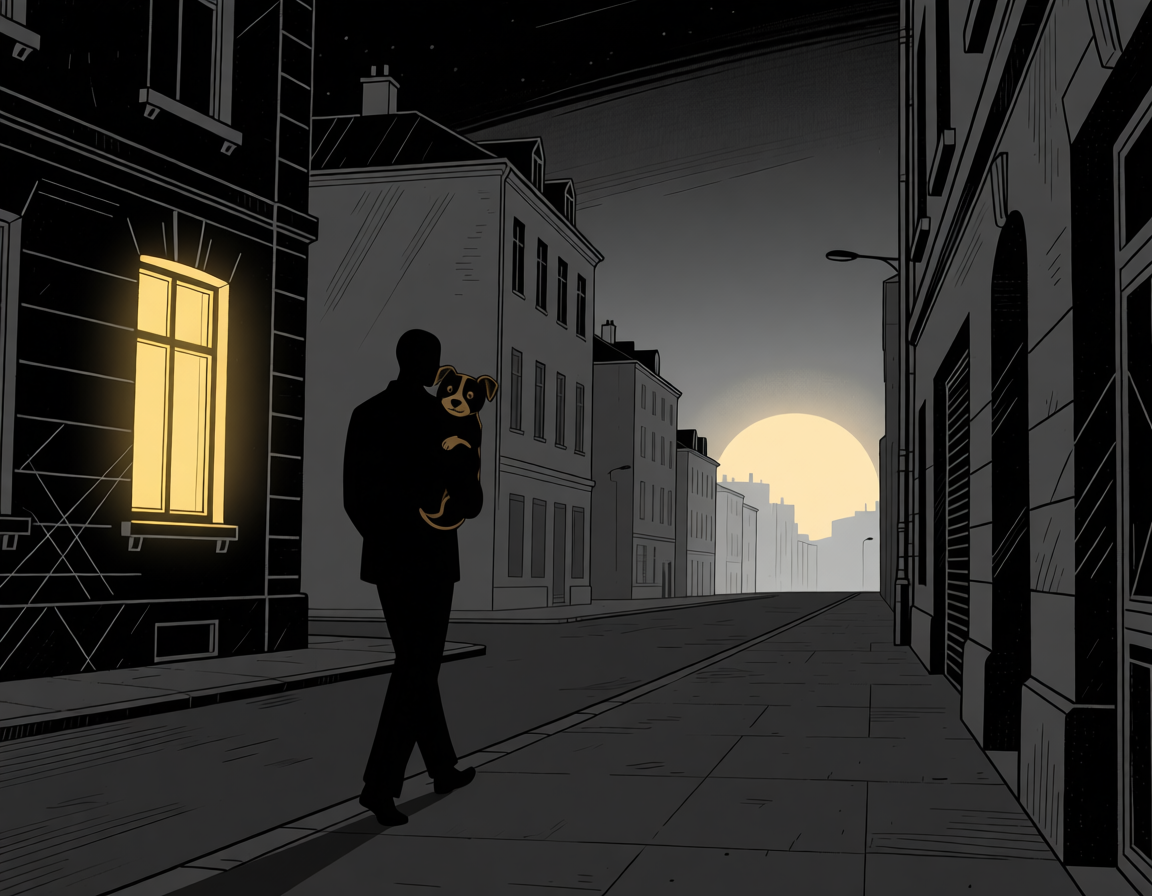 Символическое изображение поддержки ночью: тихая улица с тёплым светом в окне и фигурой с собакой — метафора того, что служба кремации в Новосибирске рядом  даже в 3 часа ночи