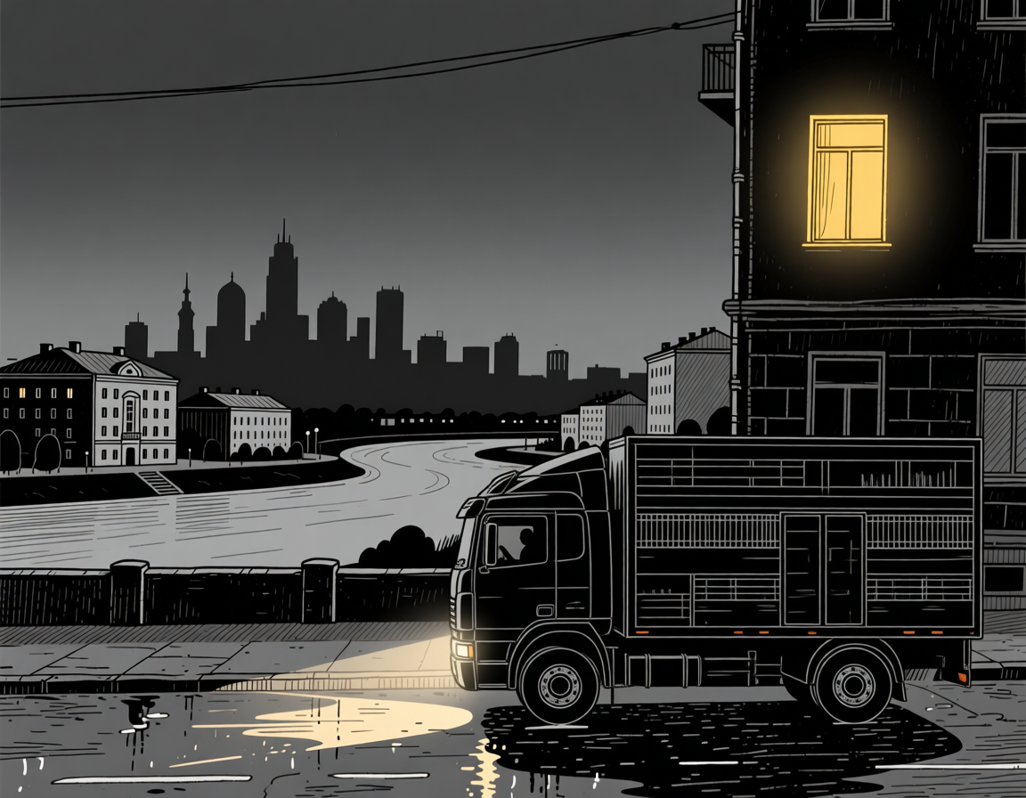 Ночная улица Новосибирска с тёплым светом в окне — символ круглосуточной службы вывоза умерших животных в городе