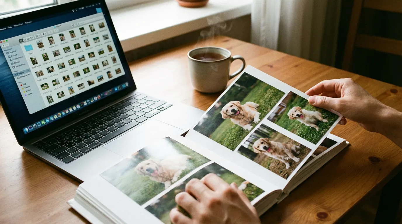 Создание фотоальбома: распечатанные фотографии питомца в альбоме и цифровая папка на ноутбуке для сохранения лучших воспоминаний