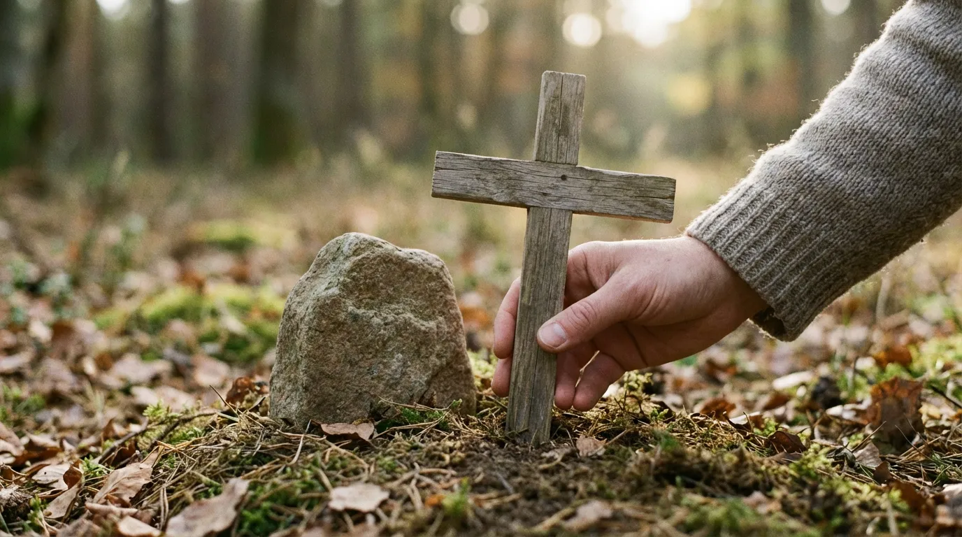 Символический деревянный крест на могиле питомца на частной земле, отражающий религиозные или духовные убеждения семьи