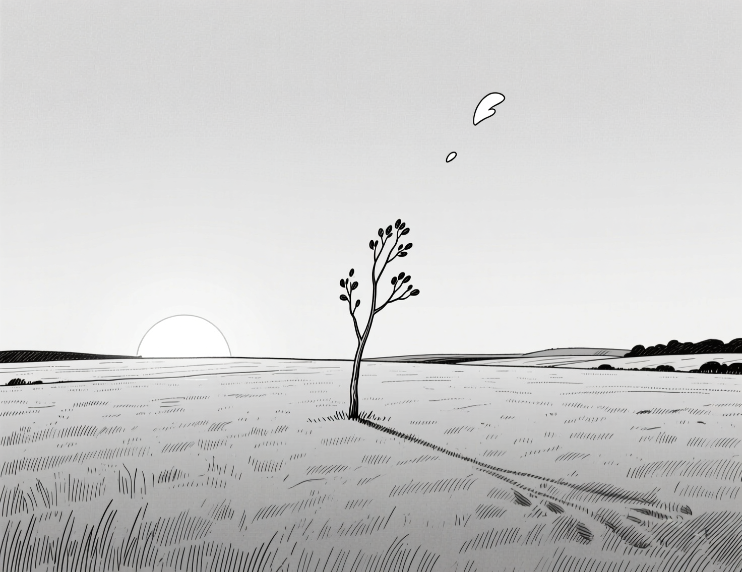 Поле на рассвете с одиноким деревом вдали — символ памяти и тихого продолжения жизни после утраты питомца