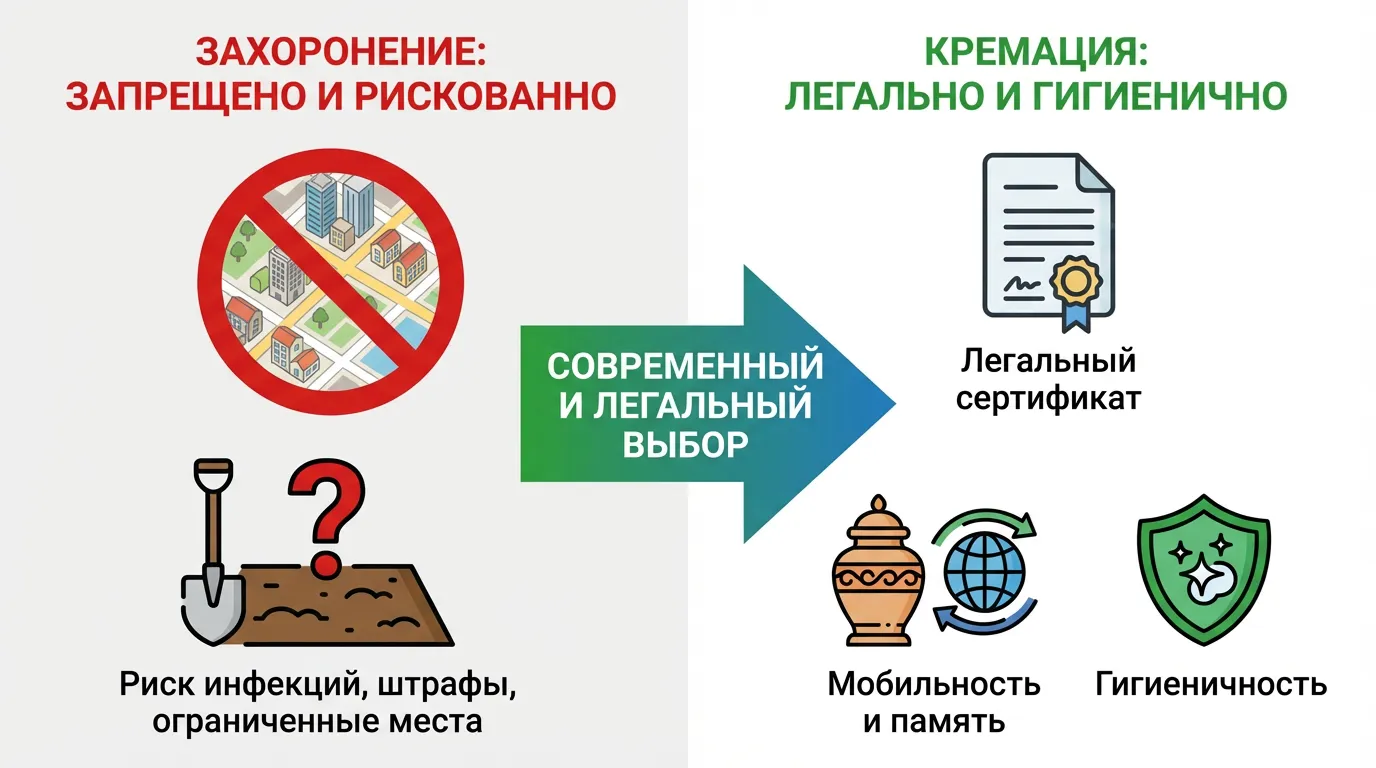 Инфографика: сравнение проблем захоронения (запрет, поиск места) и преимуществ кремации (легальность, мобильность, безопасность)