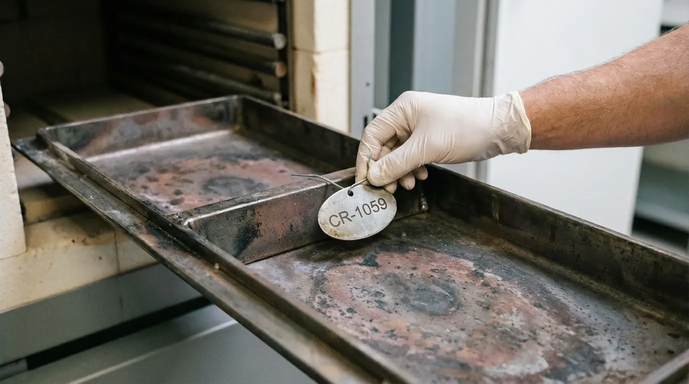 Специалист компании "Последний Путь" прикрепляет огнеупорную идентификационную бирку с уникальным номером к поддону перед индивидуальной кремацией питомца