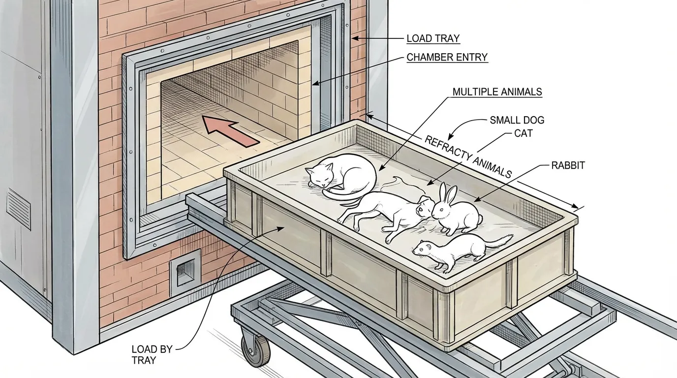 Схематичное изображение процесса общей кремации: тела нескольких животных на одном поддоне в кремационной печи