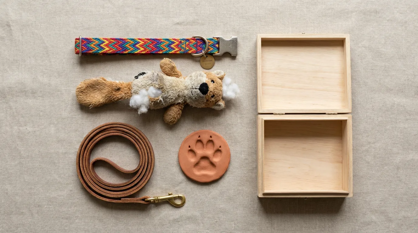 Личные вещи питомца — ошейник, игрушка, слепок лапы — собранные для хранения перед передачей тела на кремацию