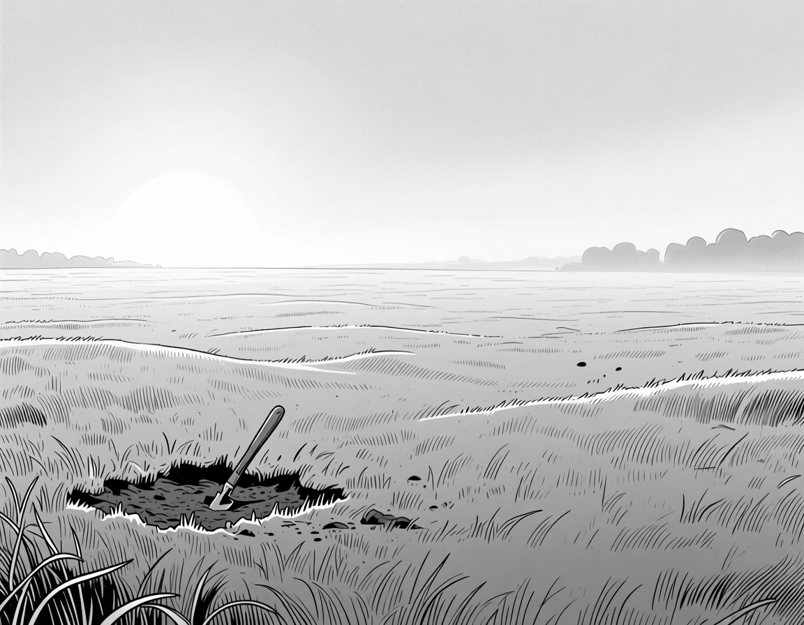 Символическое чёрно-белое изображение нарушенной гармонии природы: тихое поле с едва заметным следом несанкционированного захоронения, подчеркивающее важность соблюдения закона о захоронении животных с 2025 года