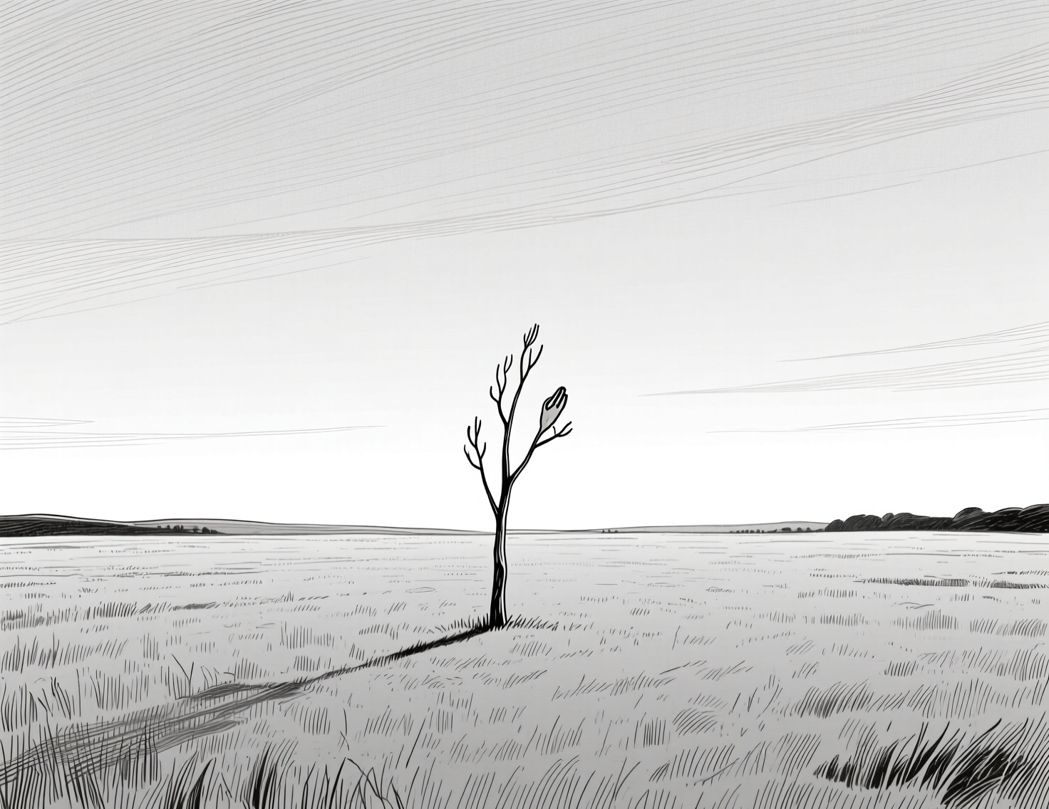 Поле на рассвете с одиноким деревом вдали — символ памяти и тихого исцеления после утраты домашнего питомца