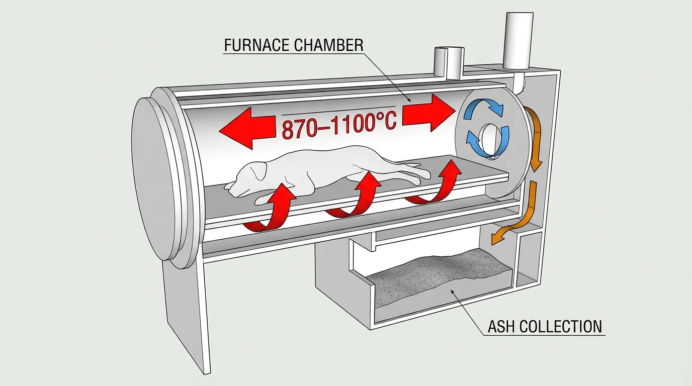 Схематичная, чистая 3D-иллюстрация в разрезе, демонстрирующая профессиональный крематорий для животных. Показана печь (камера) с условным контуром тела животного внутри, стрелками указаны высокие температуры (870–1100°C), поток воздуха и отдельный отсек для сбора праха.