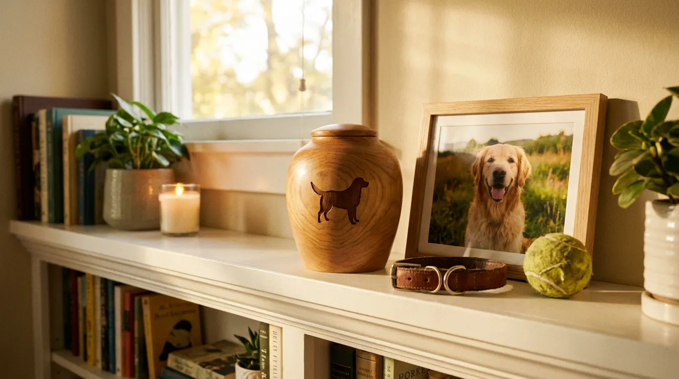 Уютный домашний уголок памяти: урна с прахом питомца на полке рядом с его фотографией, ошейником и игрушкой