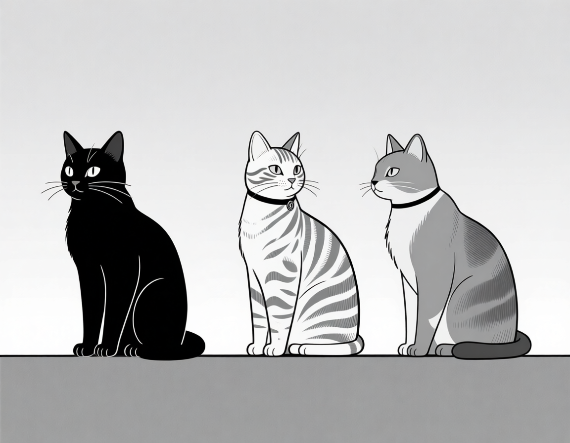 Три котика — черный, белый и рыжий, сидят вместе, символизируя общую кремацию