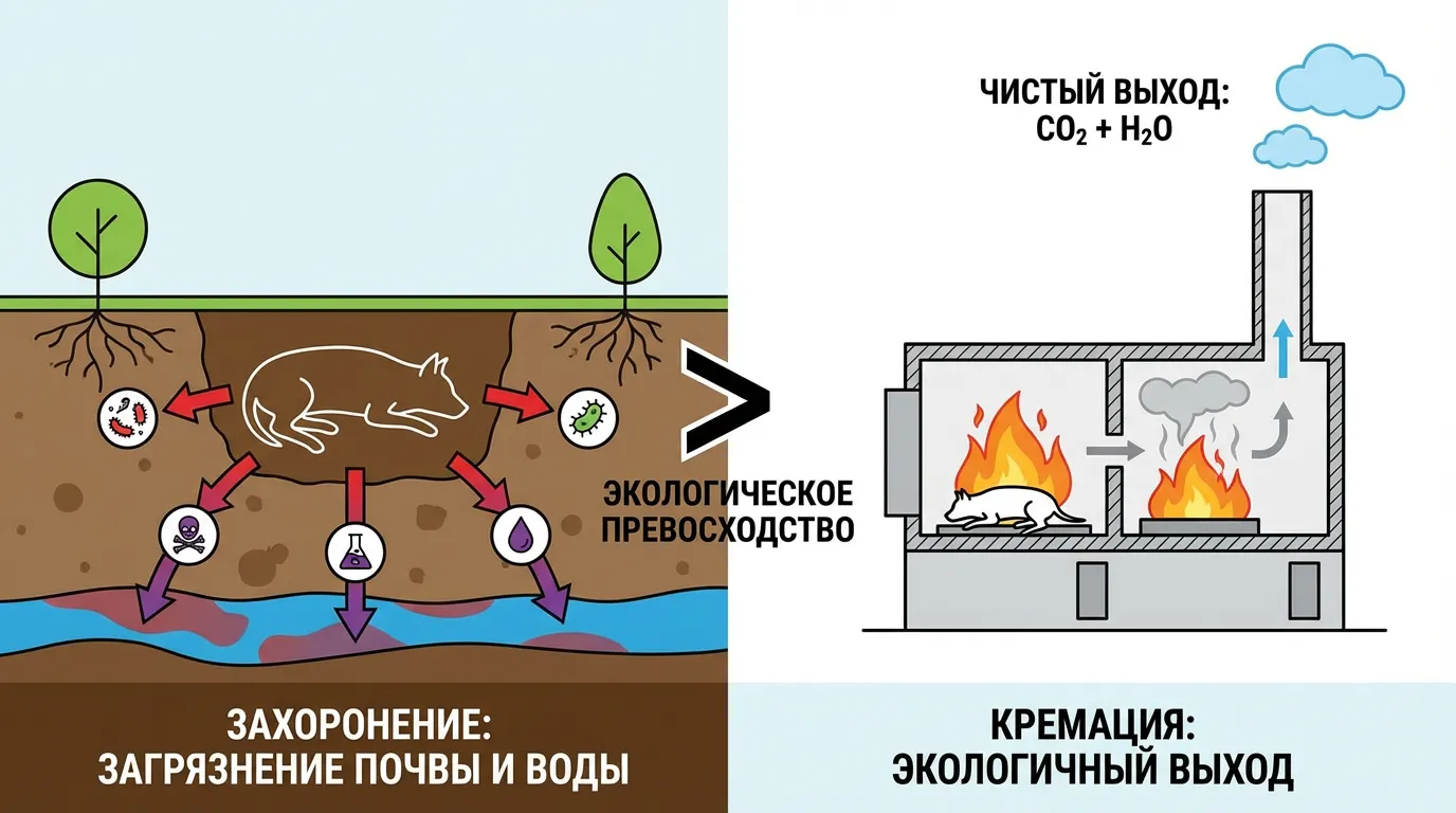 Инфографика: сравнение экологического воздействия захоронения питомца в почве и современной двухкамерной кремации с полным дожиганием