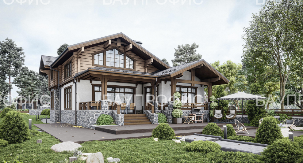 Двухэтажный жилой дом из клеёного бруса сечением 205х275(h)мм и керамических блоков 380 мм.