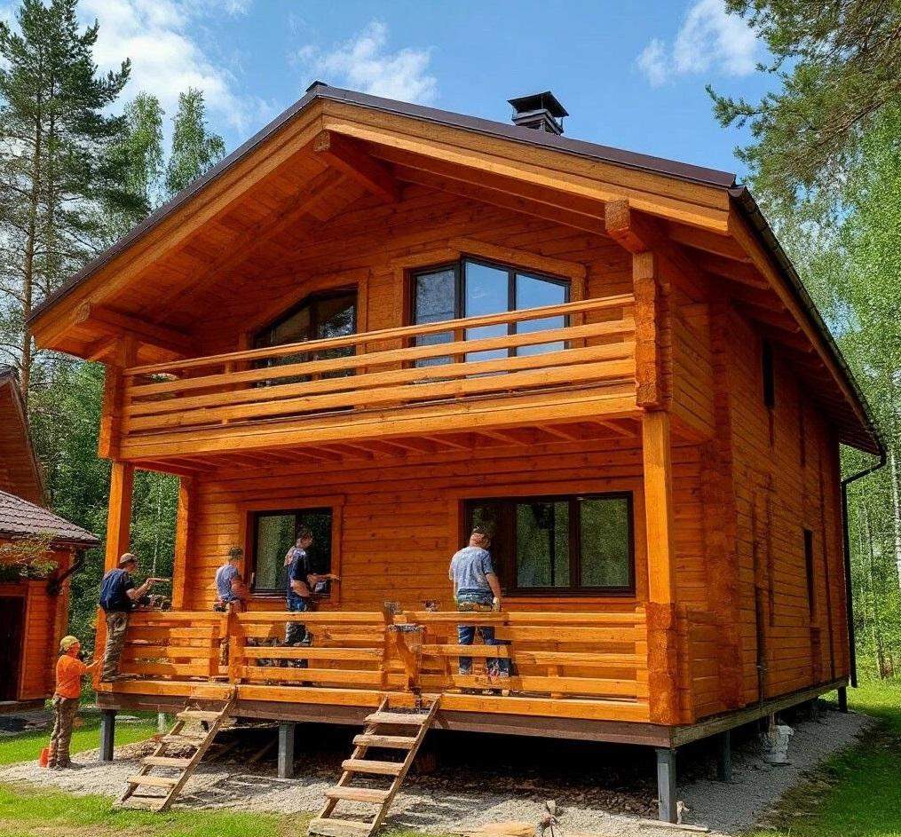 Внешняя покраска в домов из клеёного бруса. Внешняя покраска в домов из клеёного бруса.