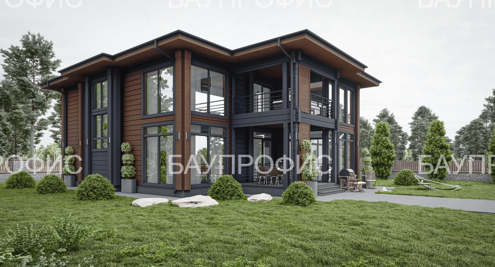 Жилой двухэтажный дом из клеёного бруса площадью 316 м2.