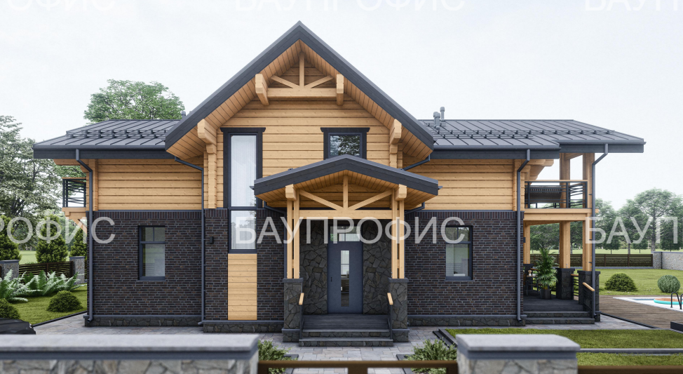 Двухэтажный жилой дом из клеёного бруса сечением 205х275(h)мм и керамических блоков 380 мм.
