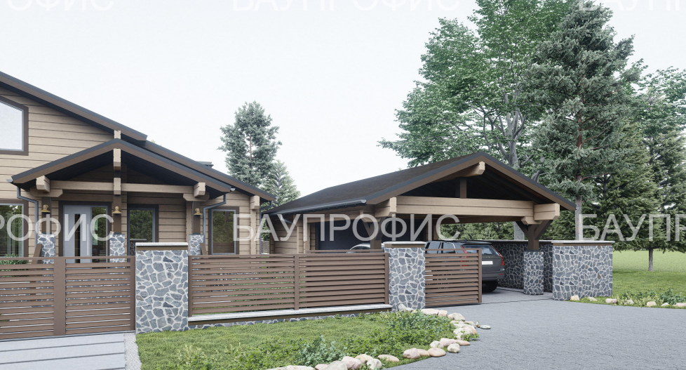 Навес для автомобилей из клеёного бруса сечением 200х275(h)мм.