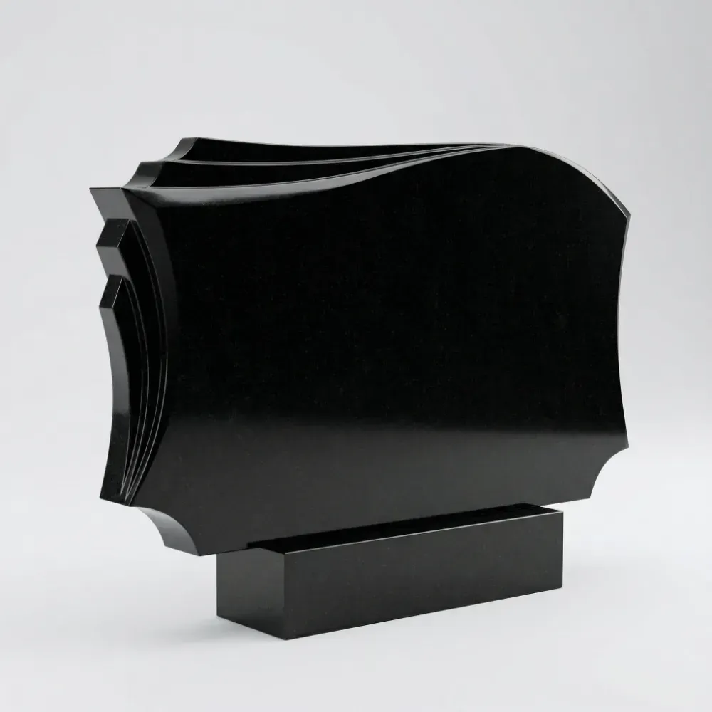 Горизонтальный памятник Перья из черного гранита Габбро-Диабаз, семейное надгробие с художественной резьбой на двоих, Подольск