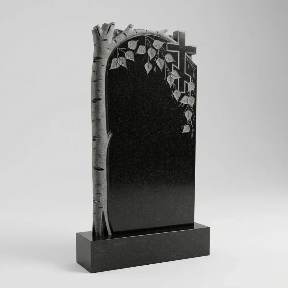 Художественная резьба ветвей плакучей березы на черном граните