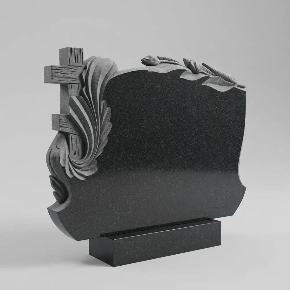 Горизонтальный памятник Крест тюльпан из черного гранита Габбро-Диабаз, семейное надгробие с резным цветком на двоих, Подольск