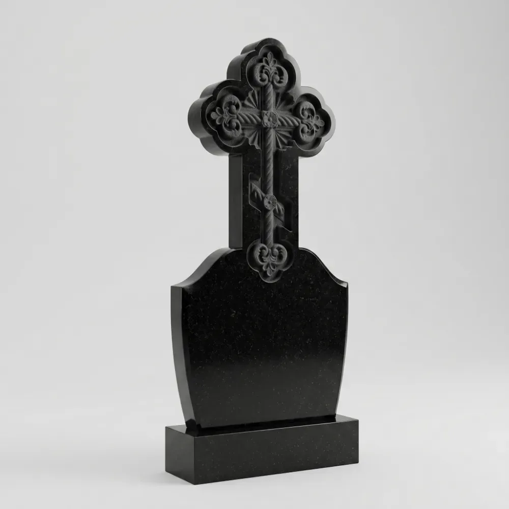Ажурный крест из черного гранита Габбро-Диабаз, резной православный памятник на могилу, Подольск