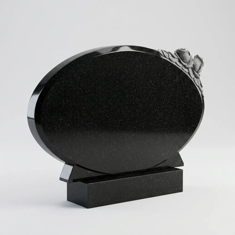 Горизонтальный памятник Овал розы из черного гранита Габбро-Диабаз, семейное надгробие с резными цветами на двоих, Подольск