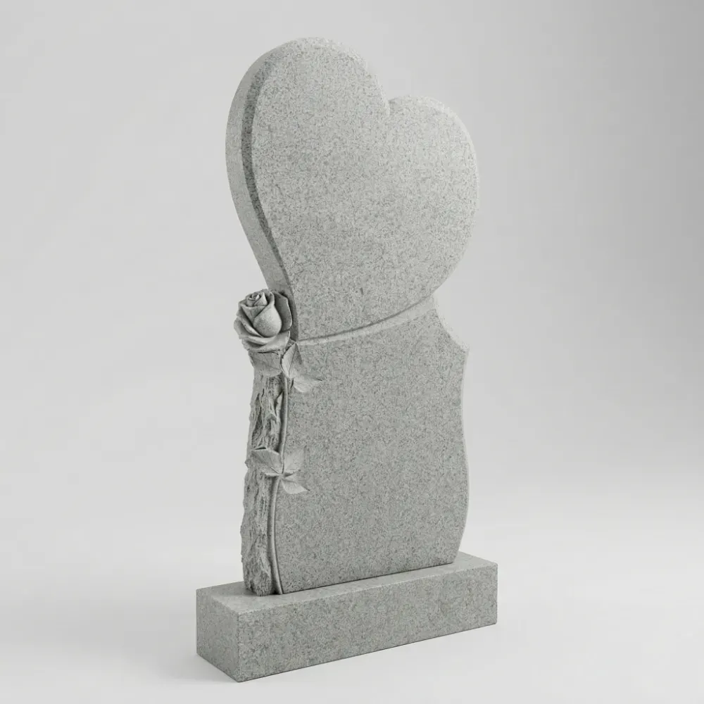 Нежный памятник Сердце с розой из светлого Мансуровского гранита на могилу