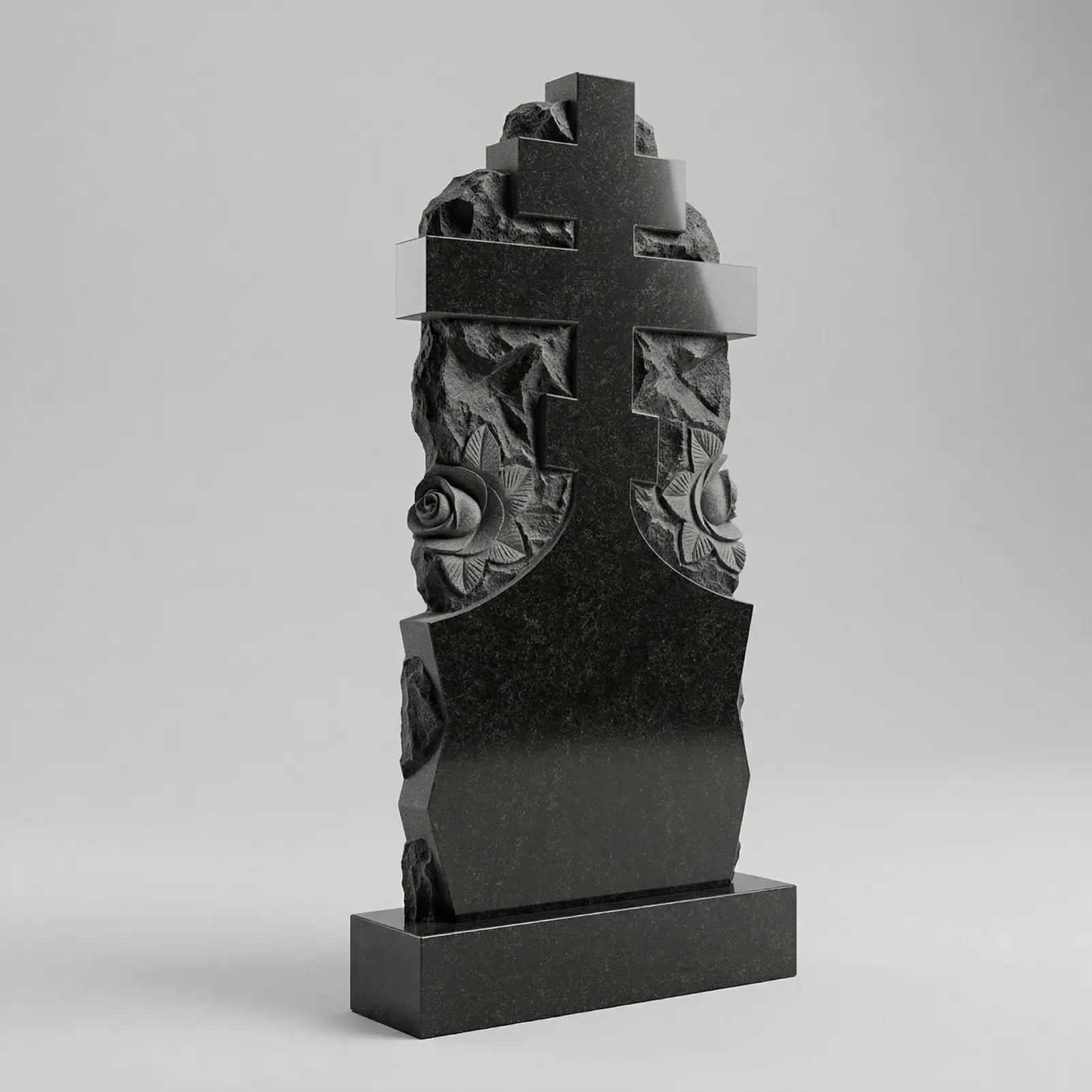 Гранитный крест с двумя резными розами из черного гранита Габбро-Диабаз, православный памятник на могилу, Подольск