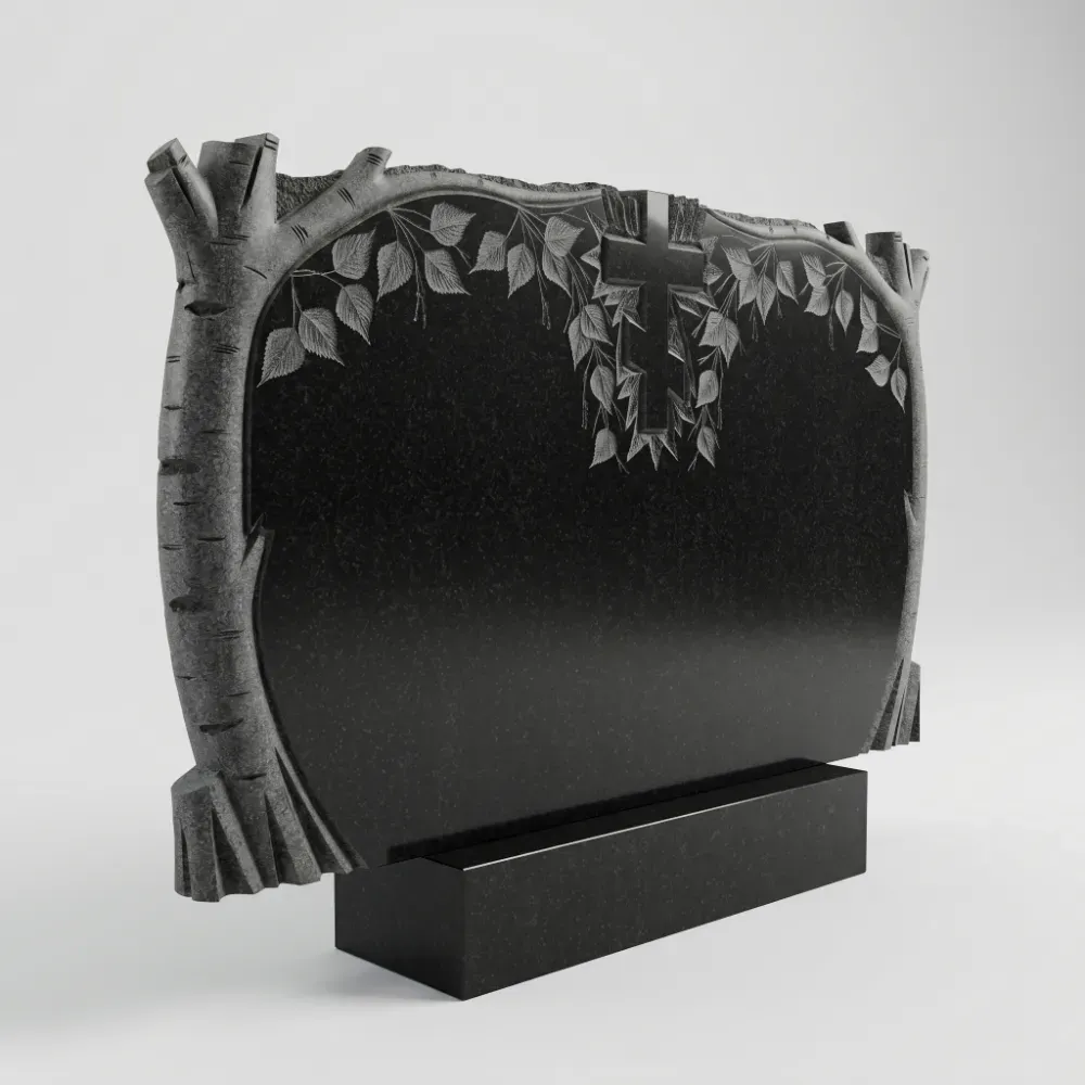 Горизонтальный памятник Две березы из черного гранита Габбро-Диабаз, семейное надгробие с резными деревьями на двоих, Подольск